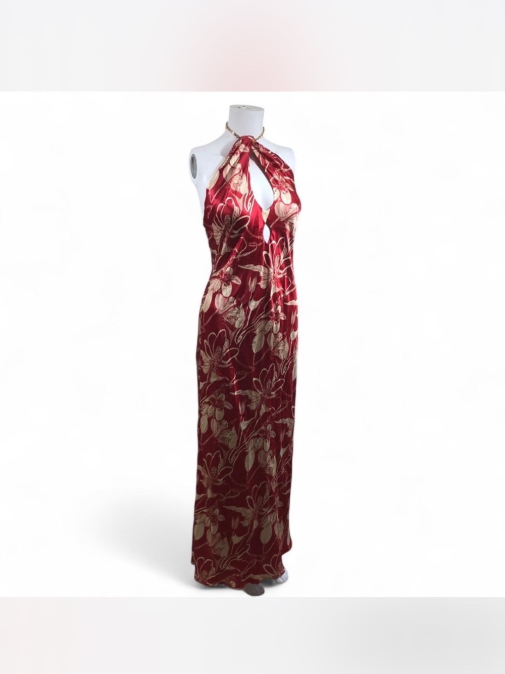 Reformation Red Floral Halter Maxi Dress Chain Neck Keyhole Cutout Size S